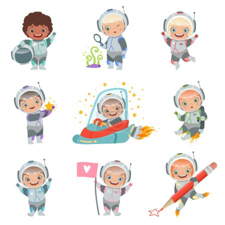Illustration for Childrens in space. Kids astronauts funny vector characters in rocket cosmonaut. Rocket and astronaut kids, cosmonaut and spaceship illustration - Royalty Free Image