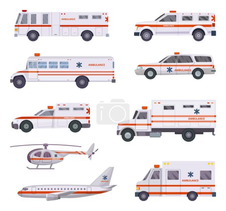 Illustration for Ambulance cars. Health rescue service vehicle van helicopter paramedic emergency hospital urgent auto 911 vector cartoon pictures. Illustration of ambulance medical transportation, helicopter and van - Royalty Free Image