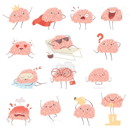 Illustration for Brain cartoon. Happy cartoon mascot in action poses walking sleeping making exercises vector illustrations. Mascot brain funny and happy - Royalty Free Image