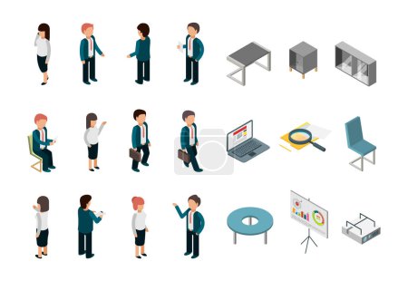 Illustration for Business people isometric. Office corporate supplies furniture managers directors vector collection. Illustration of people set, businessman manager, laptop and chair - Royalty Free Image