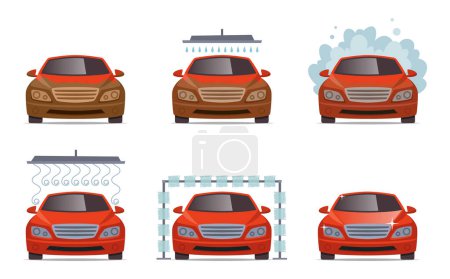 Illustration for Car wash. Transport automobile water wash service vector collection set. Illustration of automobile car service, auto wash - Royalty Free Image