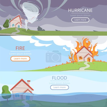 Illustration for Disaster weather banners. Tsunami volcano wind storm rain house damage from lightening vector pictures with place for text. Illustration of hurricane damage, disaster and storm - Royalty Free Image