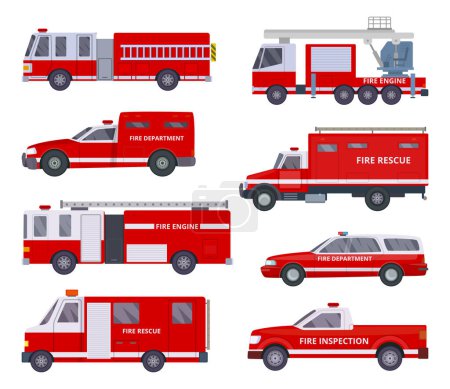 Téléchargez les illustrations : Pompier. Collection avec des véhicules vectoriels d'hélicoptère de service d'éclairage d'urgence rouge. Illustration de camion de pompiers d'urgence avec sirène - en licence libre de droit