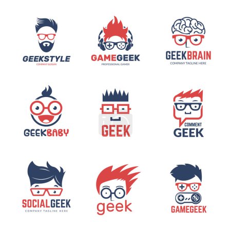 Illustration for Geek logo. Business identity of smart programmers thinking nerd computer education vector design template. Programmer geek and smart nerd illustration - Royalty Free Image