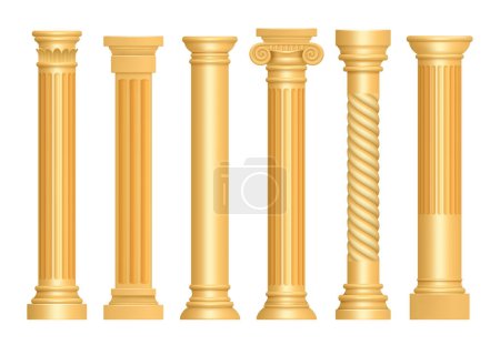 Illustration for Golden antique column. Classic roman pillars architectural art sculpture pedestal vector realistic. Illustration of column architectural, pedestal stable - Royalty Free Image