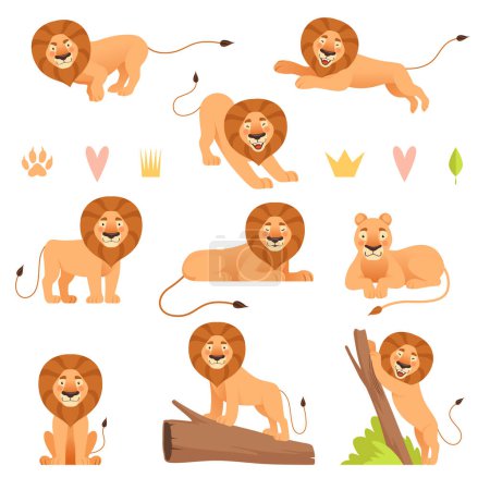Ilustración de Caricatura de león. Salvaje corriendo piel amarilla animal rey cazador safari lindos leones orgullo vector personajes colección. Safari león mamífero, mascota leo, carnívoro depredador ilustración - Imagen libre de derechos
