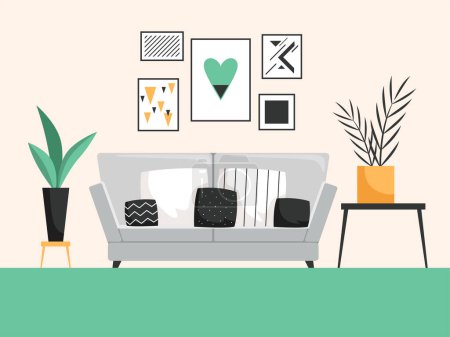 Ilustración de Interior con sofá. Sala de estar con muebles cómodos composición vectorial detallada. Cómodo apartamento, sala de estar, sala de ilustración interior - Imagen libre de derechos