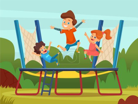 Ilustración de Jumping trampolín niños. Juegos infantiles activos en el fondo de dibujos animados vector patio. Trampolín juego, chico y chica rebote - Imagen libre de derechos