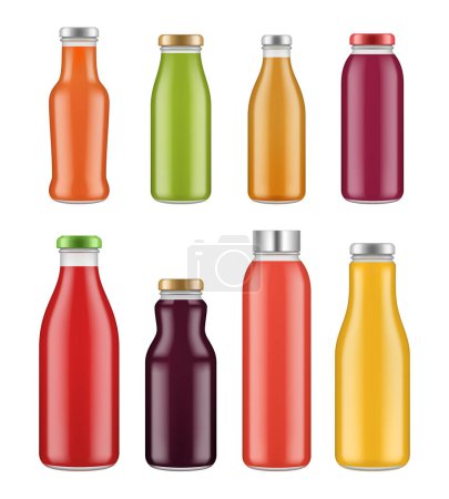 Téléchargez les illustrations : Des bouteilles de jus. Bocal transparent et emballages pour la maquette vectorielle colorée de nourriture liquide et boissons. Bouteille avec jus coloré, illustration de boisson - en licence libre de droit