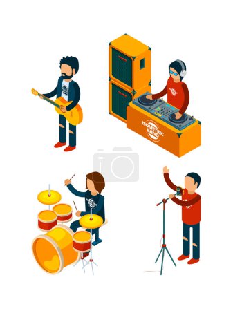 Illustration for Music entertainment isometric. Singer rock musician crowd drummer violinist guitar drum musical keyboard synthesizer. Illustration of rock music band, rocker unrecognizable with guitar - Royalty Free Image
