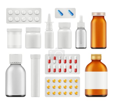 Pastillas médicas. Cuidado de la salud cápsula antibiótico aspirina drogas vector plantilla realista. Vitamina médica, saludable y cuidado, tableta de medicamentos ilustración
