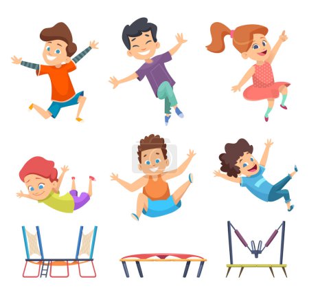 Ilustración de Trampolín para niños. Playground childrens juegos de saltos activos personajes vectoriales en estilo de dibujos animados. Trampolín salto, niño feliz y niño ilustración - Imagen libre de derechos