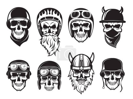 Illustration for Skull bandana helmet. Bikers rock symbols tattoo vector black pictures. Illustration of rock biker skull, set of tattoo vintage drawing - Royalty Free Image
