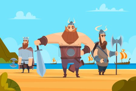 Illustration for Viking warriors background. Medieval authentic military characters norwegian people vector cartoon landscape. Illustration of conqueror warrior bearded standing on new land - Royalty Free Image