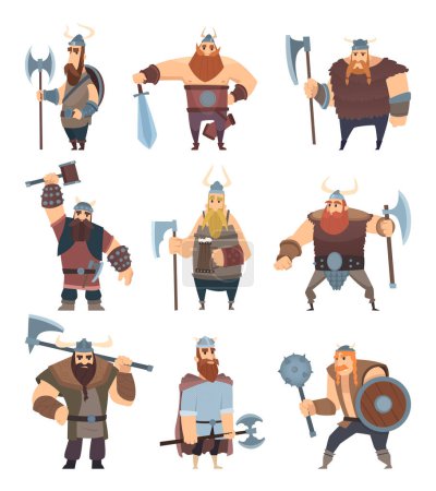Illustration for Viking cartoon. Mythology of medieval warrior norse people vector characters. Illustration of warrior with beard in helmet, viking with weapon - Royalty Free Image