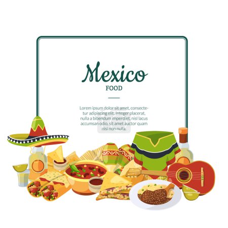 Ilustración de Vector de dibujos animados comida mexicana debajo del marco con lugar para la ilustración de texto. Taco y nachos de comida mexicana, sabrosa tortilla y sombrero - Imagen libre de derechos