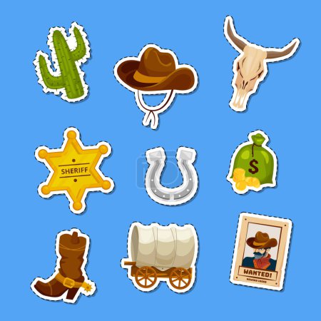 Illustration for Vector cartoon wild west elements stickers set illustration. Wild west star sheriff badge and different elements - Royalty Free Image