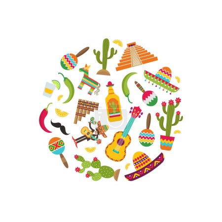 Ilustración de Vector plano México atributos en forma de círculo ilustración. Músico mexicano tequila y chile aislado en blanco - Imagen libre de derechos