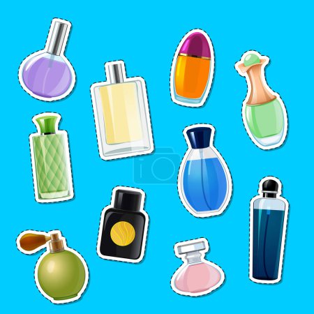 Téléchargez les illustrations : Autocollants de flacons de parfum vectoriels d'illustration de décors isolés sur fond bleu - en licence libre de droit