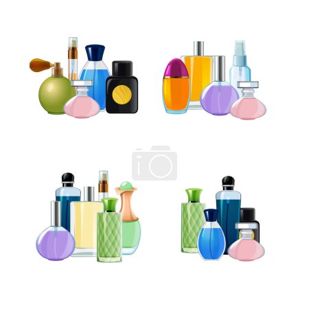 Téléchargez les illustrations : Pieux vectoriels de flacons de parfum mis illustration isolé sur fond blanc - en licence libre de droit