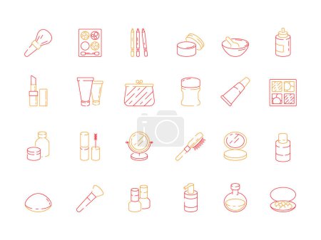 Illustration for Beauty icons. Makeup items for women lipstick nail polish cream eyeshadows cosmetics vector colored symbols. Illustration of cosmetic brush and perfume - Royalty Free Image