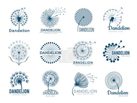 Illustration for Botany dandelion logo. Herbal leaves flowers vector illustrations for brand design. Brand and logo with dandelion plant silhouette, logotype of company - Royalty Free Image