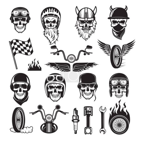 Illustration for Biker symbols. Skull bike flags wheel fire bones engine motorcycle vector silhouettes. Illustration of motorcycle and biker skull - Royalty Free Image