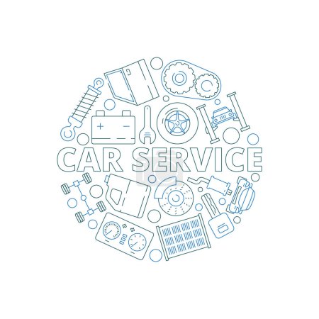 Illustration for Car service background. Mechanical automobile parts in circle shape starter engine gear garage vector thin symbols Illustration of automobile service badge with icons tools and spare part - Royalty Free Image