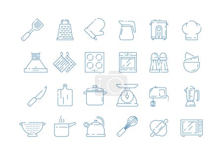 Illustration for Cooking tools icon. Cook mittens household set for kitchen pan scoops spoon and fork scale vector thin symbols isolated. Kitchen household and cooking kitchenware utensil illustration - Royalty Free Image