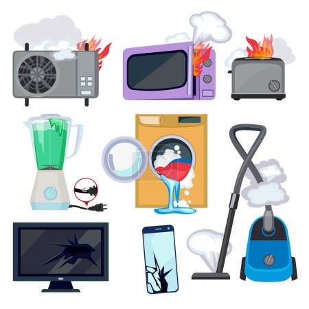 Illustration for Damaged appliance. Broken household equipment fire stove microwave washing machine repair laptop computer vector. Machine broken, electronic device damaged, washer household equipment illustration - Royalty Free Image