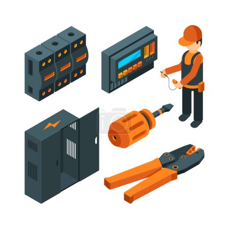 Illustration for Electrical systems isometric. Electrician worker with industrial power tools for repair and setup unit vector 3d. Isometric worker electrician, repairman technician, maintenance system illustration - Royalty Free Image