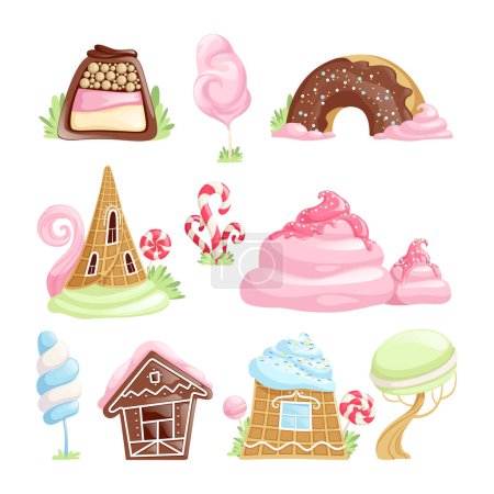 Téléchargez les illustrations : Desserts fantastiques. Chocolat caramel biscuits gelée bonbons sucette objets vectoriels conte de fées. Illustration de dessert au chocolat et caramel sucette - en licence libre de droit