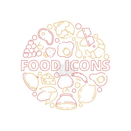 Illustration for Food icon background. Colored circle shape kitchen menu fresh products fish chicken and vegetables fruits natural meal vector concept. Fresh food and linear nutrition product illustration - Royalty Free Image