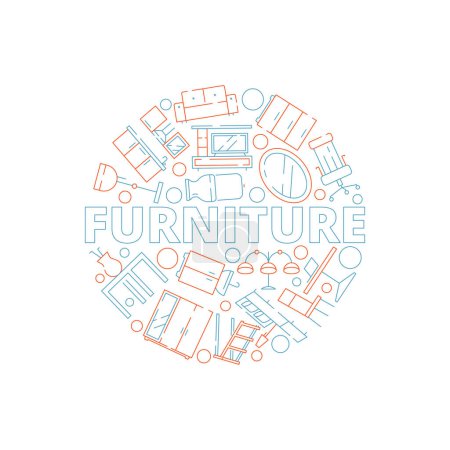 Illustration for Furniture background. Interior tools in circle shape sofa chair table bed household vector design template. Home furniture shop badge with bed table and chair illustration - Royalty Free Image