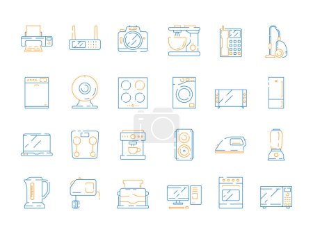 Illustration for Home electrical icons. Household modern appliance equipment microwave computer gadgets refrigerator tv vector colored thin symbols. Equipment electric mixer and tv, appliances of kitchen illustration - Royalty Free Image