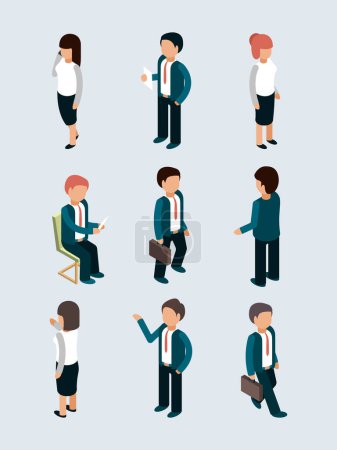 Illustration for Isometric business people. Young male female office managers director workers in action poses team dialog vector 3d business characters. Illustration of businessman isometric and young boss female - Royalty Free Image