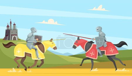 Illustration for Knights tournament. Medieval chivalry prince in brutal armour helmet warriors on horse vector cartoon background. Chivalry warrior on horse, tournament medieval illustration - Royalty Free Image