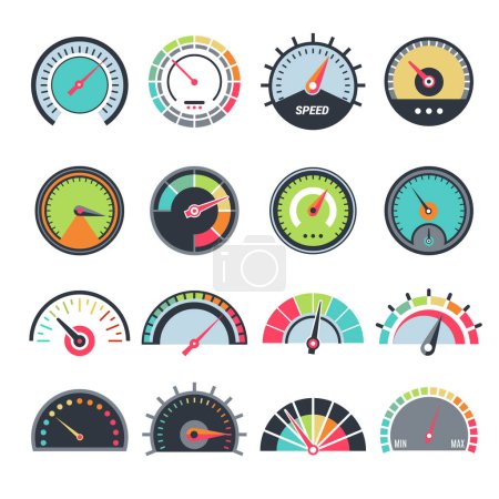 Illustration for Level measure symbols. Speedometer guage indication fuel vector infographic symbols collection. Speedometer indicator, fuel gauge and measure meter illustration - Royalty Free Image