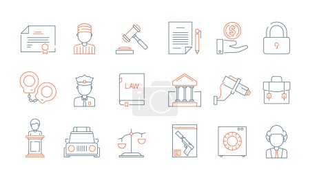 Ilustración de La ley delgada símbolos. Licencia contable justicia legal abogado vector lineal colección de iconos de color. Ilustración de justicia legal, tribunal y abogado - Imagen libre de derechos