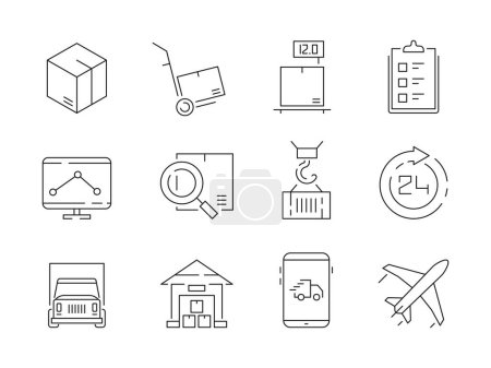 Illustration for Logistic icon set. Warehouse delivery boxes containers and transport crane ship vector thin line symbols. Illustration of delivery transportation, box and container shipping - Royalty Free Image