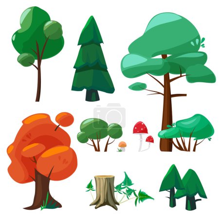Illustration for Nature cartoon elements. Game ui collection of trees shrubs hemp branches roots stones leaves puddles weather vector symbols cartoon. Forest tree and mushroom for game interface illustration - Royalty Free Image