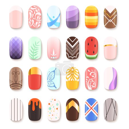 Illustration for Nail art design. False fingernails manicure vector template. Illustration of nail manicure, polish bright acrylic - Royalty Free Image