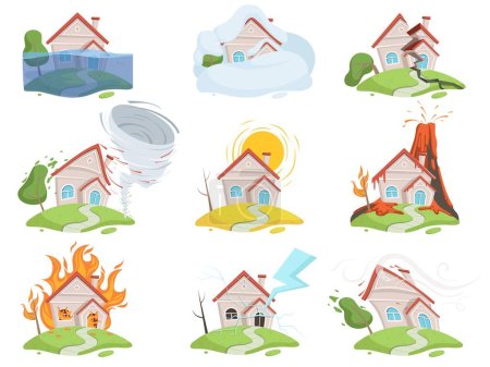 Illustration for Nature disaster damage. Fire volcano water wind tree destruction tsunami vector cartoon pictures. Illustration of disaster house, catastrophe flood and snow, lightning and destruction - Royalty Free Image