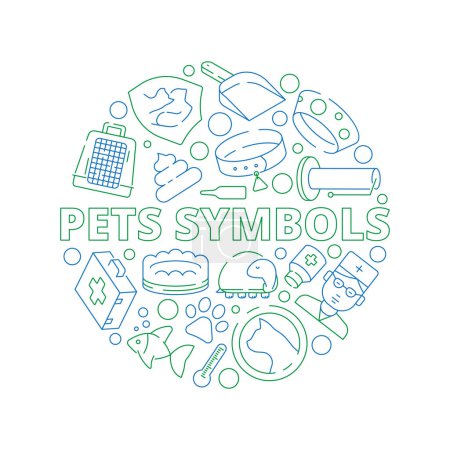 Ilustración de Mascotas símbolos. Forma de círculo con los iconos de la clínica veterinaria perros gatos peces huesos vector delgadas imágenes. Ilustración de peluquería y tienda veterinaria, accesorio para veterinaria - Imagen libre de derechos