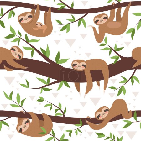 Téléchargez les illustrations : Sloth sans couture. Mignon petit bébé endormi motif textile animal famille suspendue concept vectoriel. Illustration de paresseux paresseux paresseux sur motif de branche - en licence libre de droit