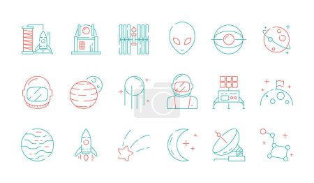 Illustration for Space colored icon. Astronomy collection universe discovery astronaut alien shuttle rocket lunar radar vector futuristic symbols. Outline astronaut and alien, launch station illustration - Royalty Free Image