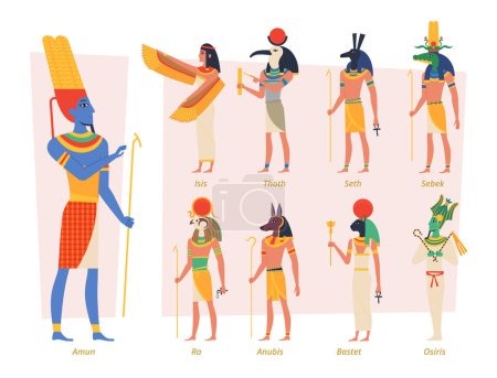 Ilustración de Dioses egipcios antiguos. Faraón anubis osiris pueblo egipcio vector auténticos caracteres exactos. Gente religiosa, africa ilustración famosa diosa egipcia - Imagen libre de derechos