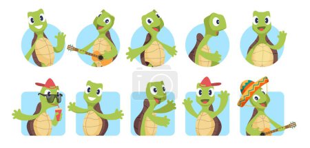 Illustration for Cartoon turtles avatars. Greetings animal, turtle say hello. Cute portfolio image, funny kids vector stickers set. Animal turtle, tortoise cheerful illustration - Royalty Free Image