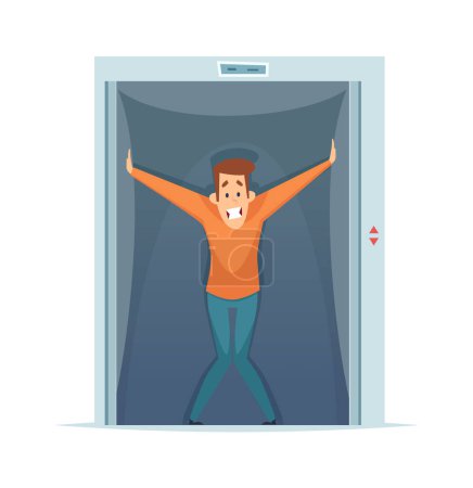 Ilustración de Claustrofobia. Hombre asustado en el ascensor, miedo al espacio confinado. Ilustración de vectores de fobia mental. Claustrofobia miedo, espacio pequeño ascensor - Imagen libre de derechos