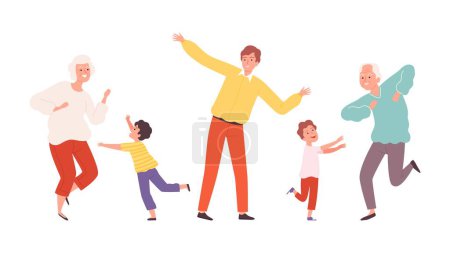 Illustration for Cute dancing family. Elderly adult and children dencers characters. Happy grandparents and kids vector illustration. Family dance, happy together girl boy and granny - Royalty Free Image